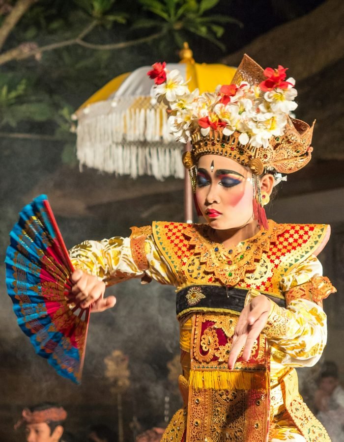 Bali, Indonesia - August, 15 2015: Ethnic girls dancing traditional dance