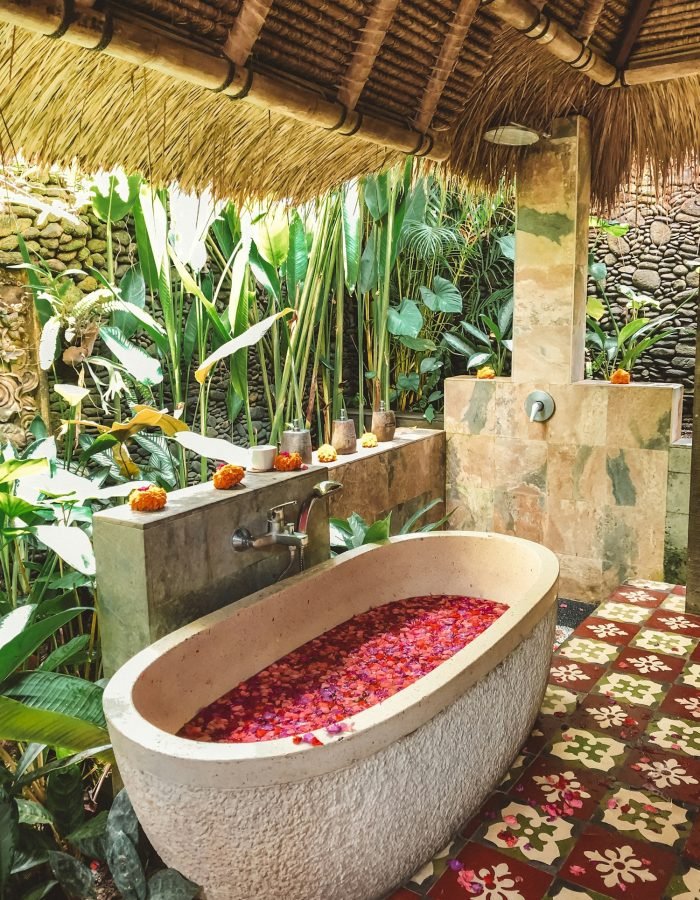 Bathtub full of flowers at the spa in Bali