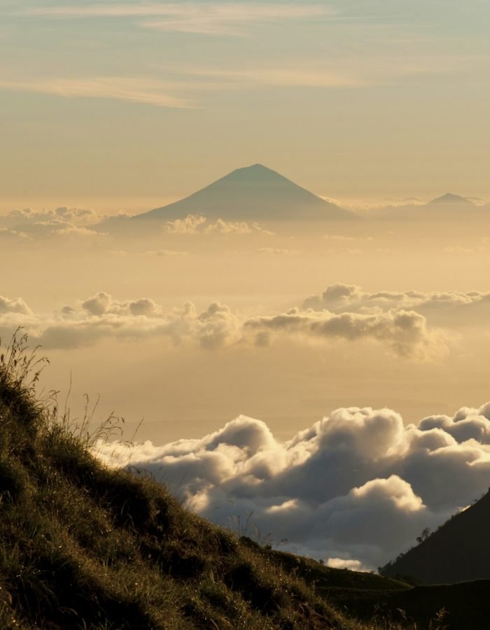 Landscape Photo of the Sunset Behind Mount Agung and Mount Batur on Bali from Mount Rinjani, Lombok,